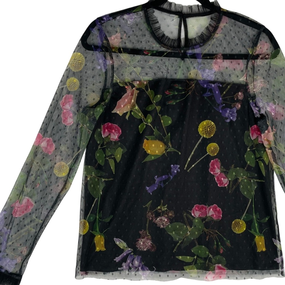 52seven Floral Print Long Sleeve Mesh Top Women's Size M‎ Black Colorful